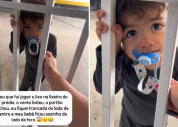 Mãe fica presa em lixeira de condomínio e criança de 1 ano permanece do lado de fora